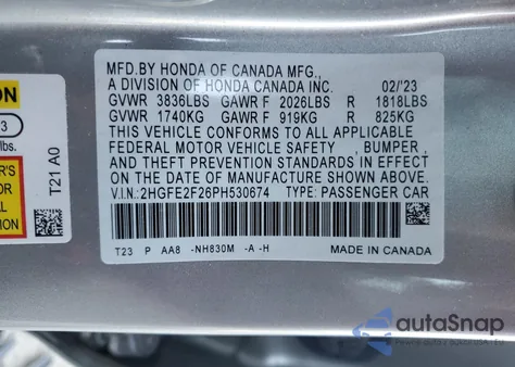 2023 Honda Civic Lx из США, поврежденный, VIN 2HGFE2F26PH530674